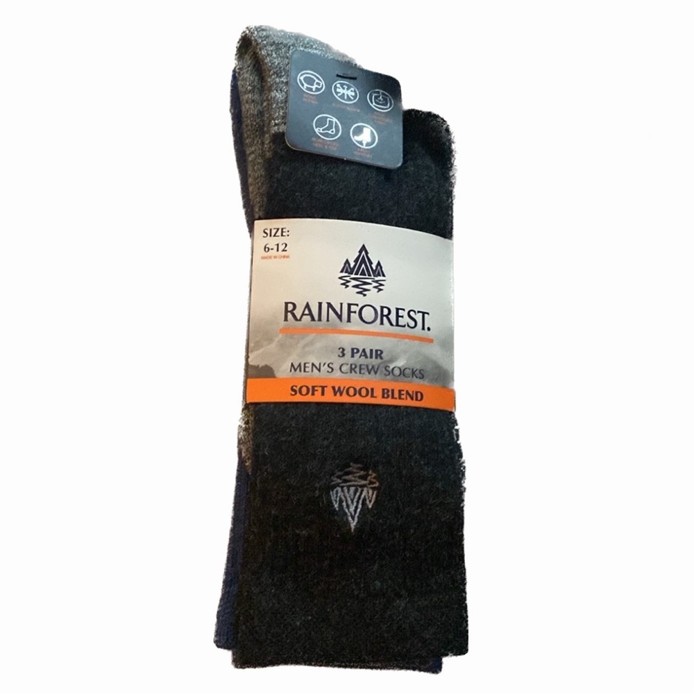 Rainforest 3 Pack Wool Blend Crew Sock Men's 6-12 Multi Color - Picture 3 of 5